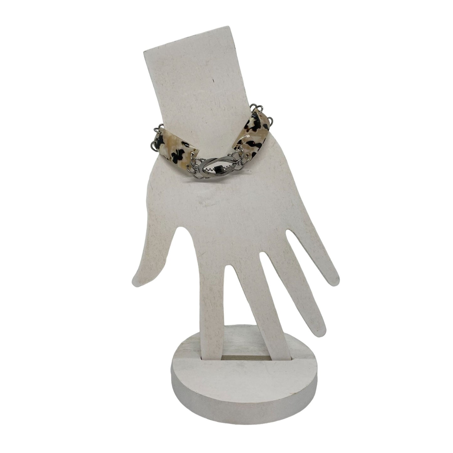 Vintage Polished Magpie Shell Bracelet With Silver Chain Links & Toggle Clasp