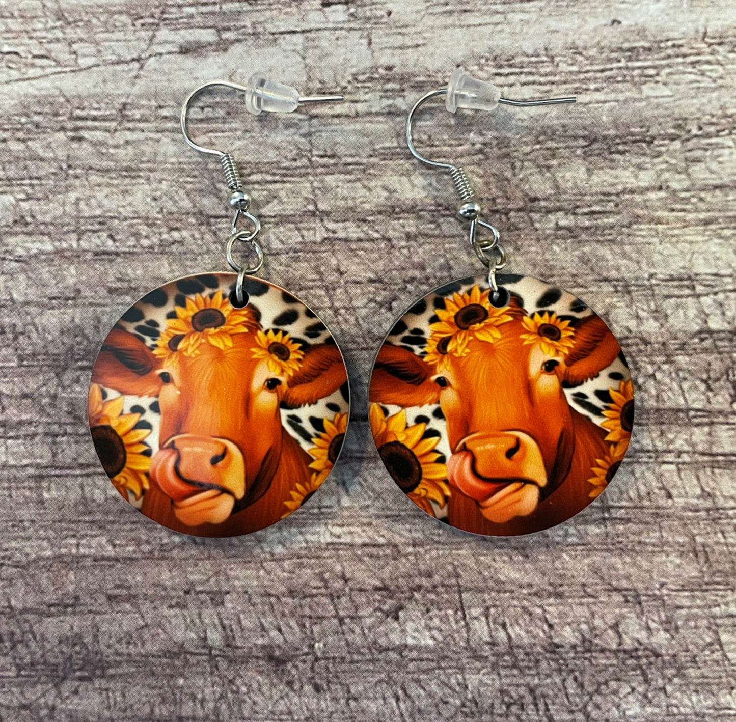 Whimsical Cow and Sunflower Double-Sided Earrings – Playful Sublimation Print on Round Dangle Earrings, Farmhouse Style