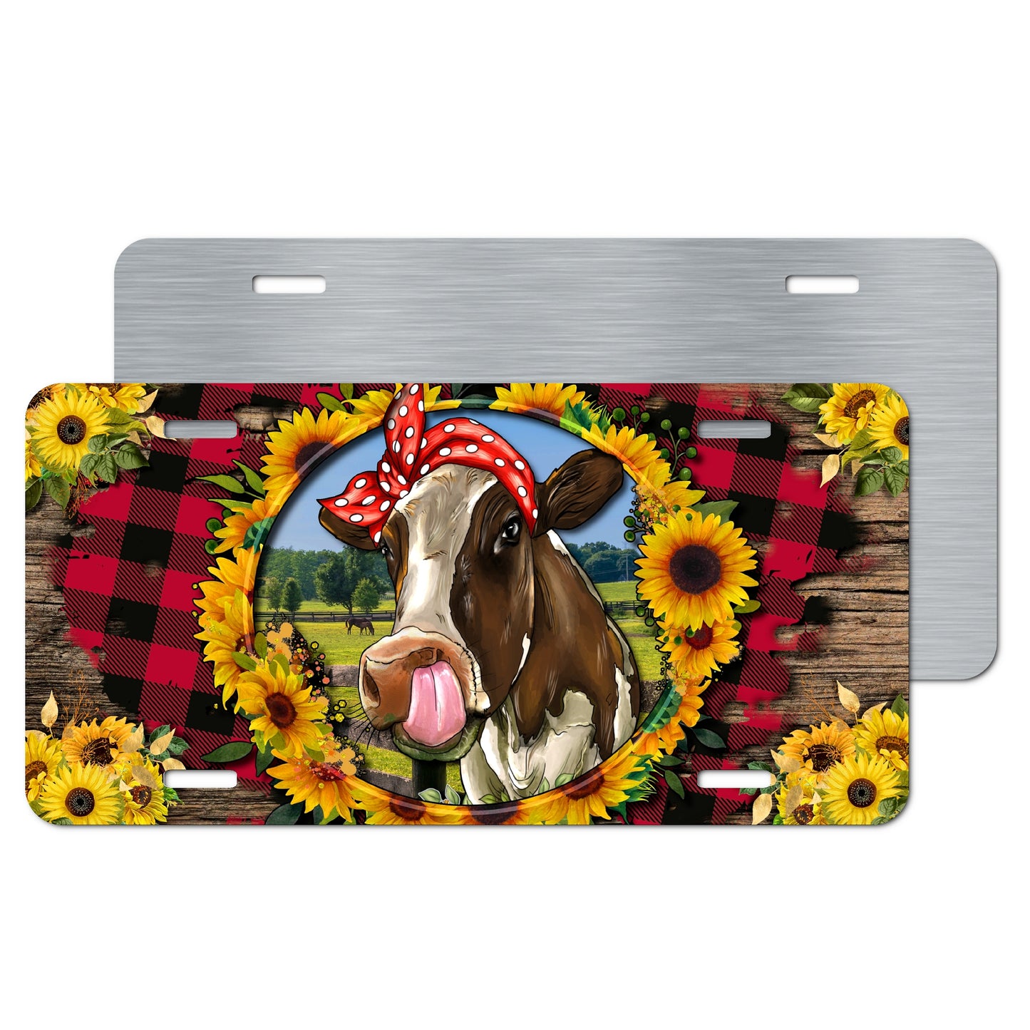 Rustic Farm Cow License Plate – Sublimation Printed Aluminum Plate with Sunflowers, Plaid Background, and Cute Cow in Polka Dot Bandana