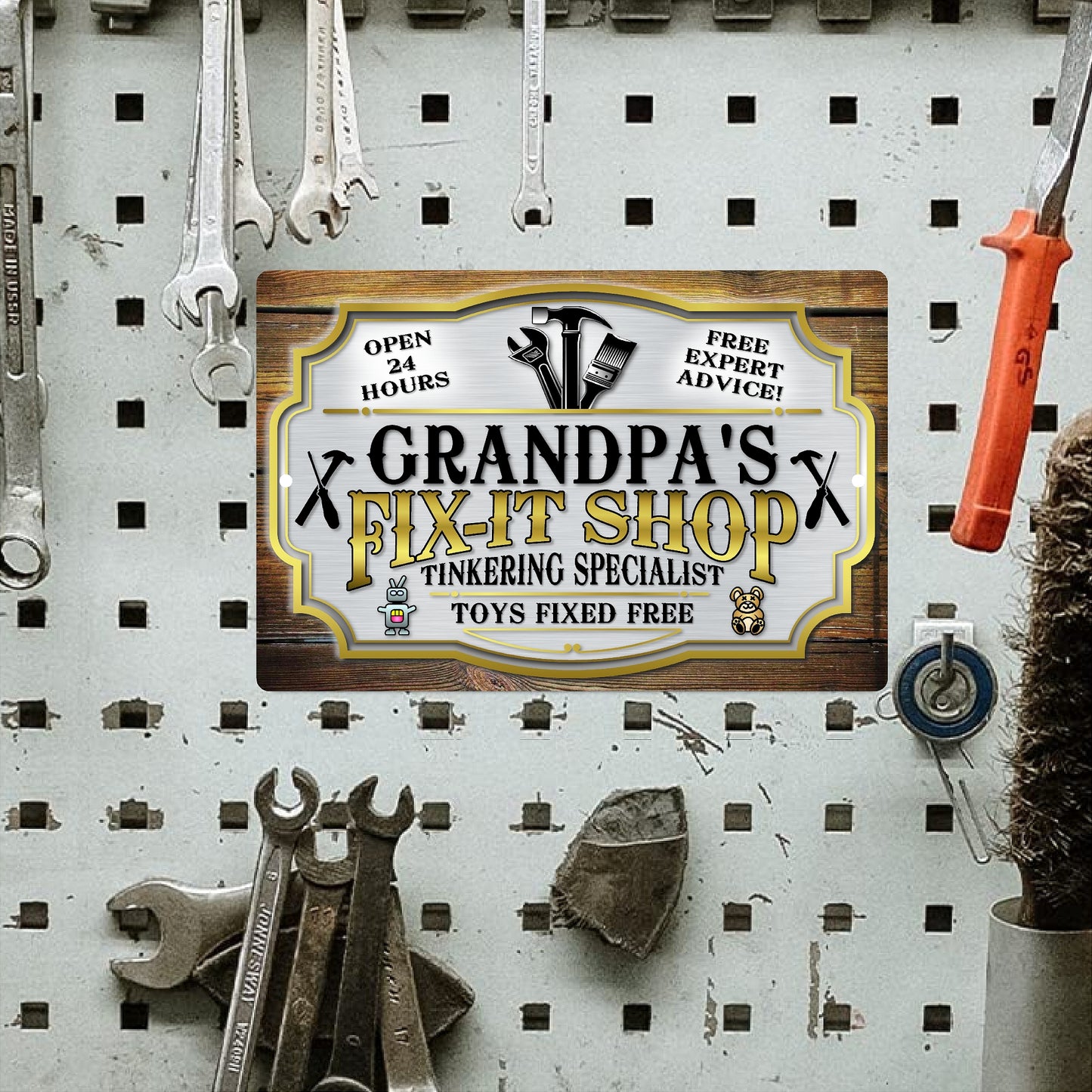 Grandpa's Fix-It Shop Aluminum Sign - Vintage-Style Tinkering Specialist Decor with Sublimation Print, Perfect for Workshops or Garages