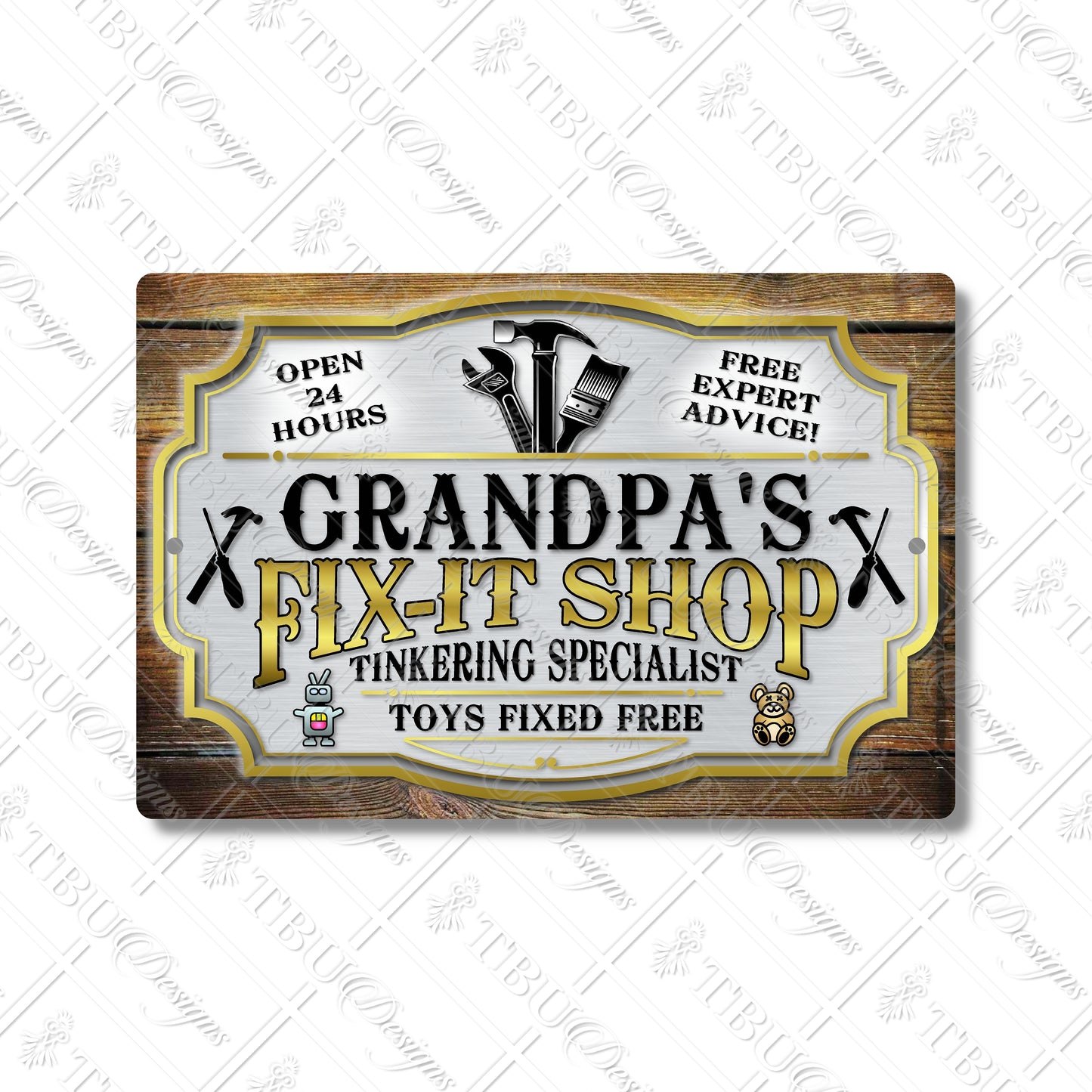 Grandpa's Fix-It Shop Aluminum Sign - Vintage-Style Tinkering Specialist Decor with Sublimation Print, Perfect for Workshops or Garages