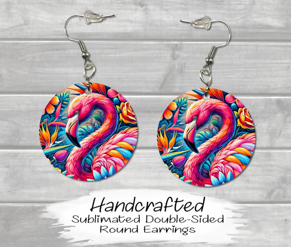 Vibrant Flamingo-Themed Double-Sided Sublimated Round Earrings - Handcrafted and Lightweight Tropical Statement Jewelry for All Occasions