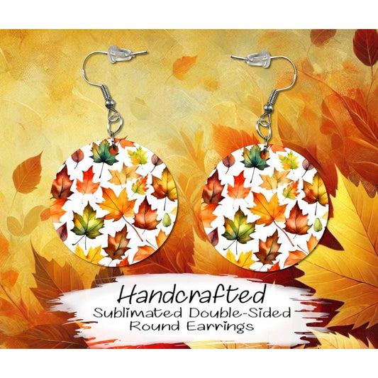 Colorful Fall Leave Double-Sided MDF Earrings, Fall Earrings, Handmade Round Earrings