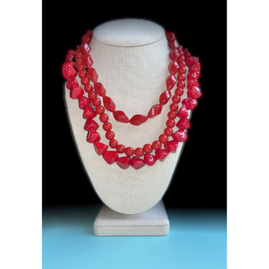 Classic Multi-Strand Bright Red Choker Necklace, Jewelry