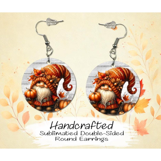 Fall Gnome with Pumpkin Double-Sided MDF Earrings, Fall Earrings, Handmade Round Earrings