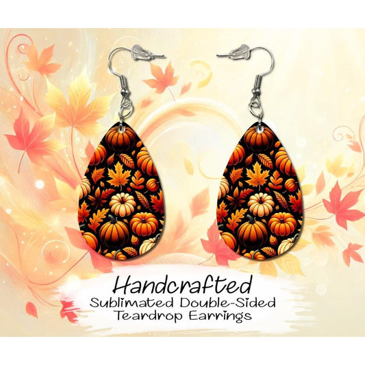 Pumpkins and Leaves Double-Sided MDF Earrings, Fall Earrings, Handmade Teardrop Earrings