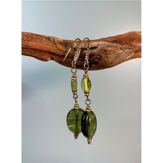 Translucent Dark Green Vintage Glass Bead Earrings