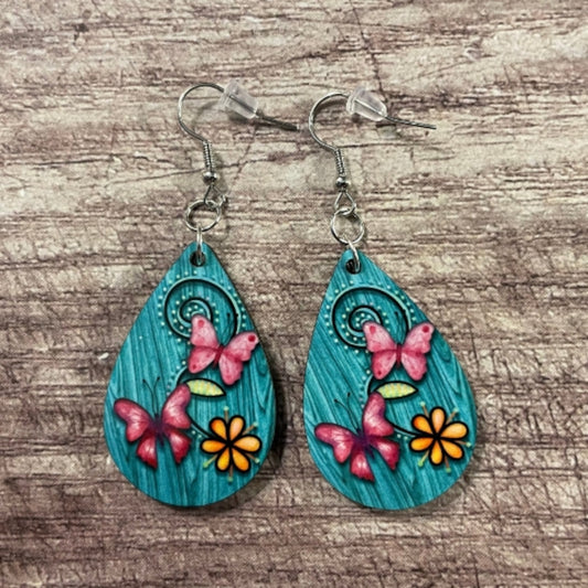 Double-Sided Teardrop Earrings with Pink Butterflies and Flowers – Vibrant Sublimation Print on Lightweight Material