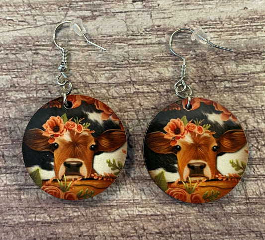 Adorable Double-Sided Moody Cow Earrings with Floral Headpiece – Lightweight, Sublimation Printed Circular Dangle Earrings for Animal Lovers