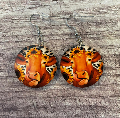 Whimsical Cow and Sunflower Double-Sided Earrings – Playful Sublimation Print on Round Dangle Earrings, Farmhouse Style