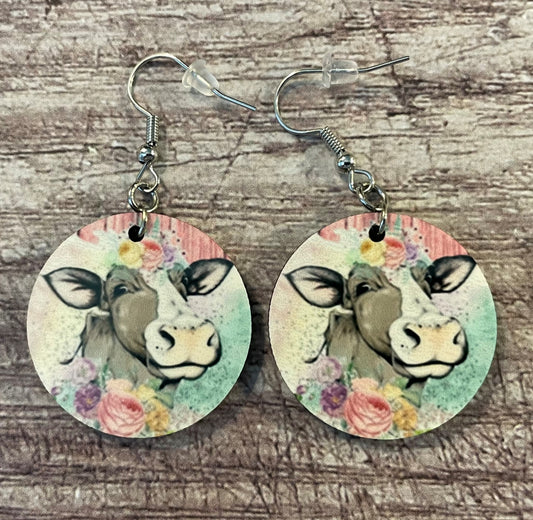 Cheerful Cow Earrings - Double-Sided Sublimation Print with Floral Accents - Farmhouse Charm for Animal Lovers and Country Style Enthusiasts