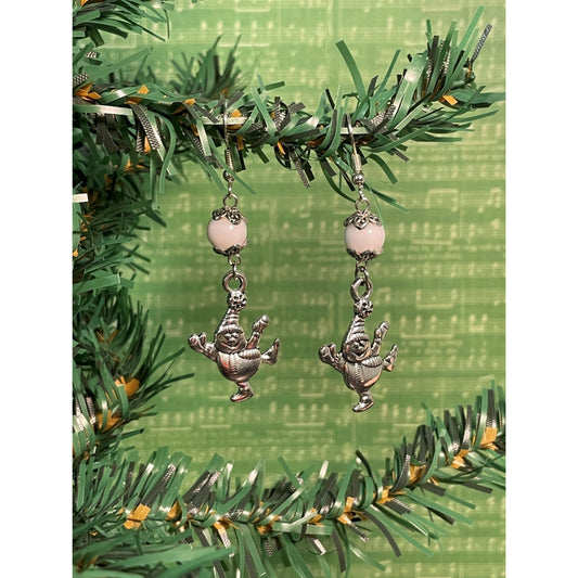 Playful Snowman Earrings with Vintage Milk Glass Beads