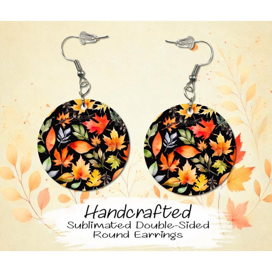 Colorful Fall Leave Double-Sided MDF Earrings, Fall Earrings, Handmade Round Earrings