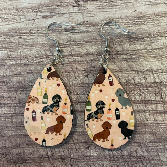 Dachshund & Wine Double-Sided Teardrop Earrings – Cute and Fun Sublimation Print Dangle Earrings for Dog Lovers and Wine Enthusiasts