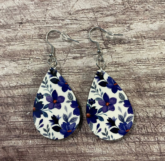 Elegant Double-Sided Teardrop Earrings with Vibrant Purple Floral Print, Lightweight and Perfect for Everyday Wear or Special Occasions