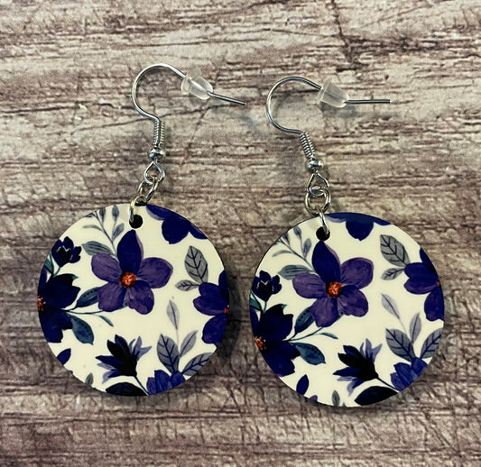 Double-Sided Round Dainty Purple Floral Earrings with Sublimation Print – Elegant Boho Floral Design, Lightweight and Durable