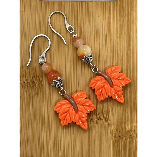 Orange Leaf Dangle Earrings With Beaded Accents Boho Style Nature-Inspired Jewelry Handmade Fall & Autumn Accessory