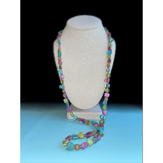 Colorful Rainbow Dyed Shell Necklace, purple, green, blue, with wooden bead spacers 34" long