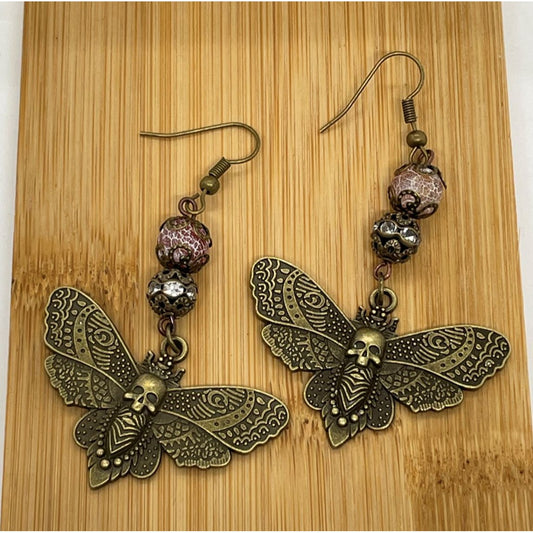 Antique Brass Moth Charm Earrings With Red Crackled and Rhinestone Banded Beads - Gothic Insect Dangle Jewelry