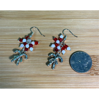 Candy Cane Earrings with Red & White Crystal Beads