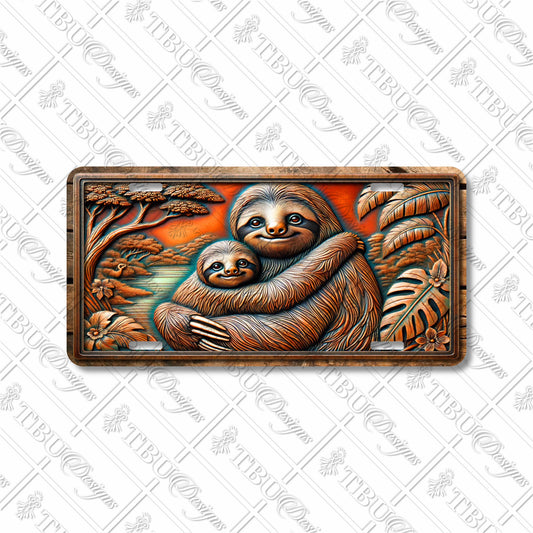 Adorable Mama and Baby Sloth Aluminum License Plate with Vibrant Tropical Artwork - Unique Sublimation Print for Car or Décor