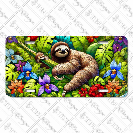 Vibrant Tropical Sloth Aluminum License Plate - Colorful Rainforest Flowers Design - Durable, UV-Protected Sublimation Print