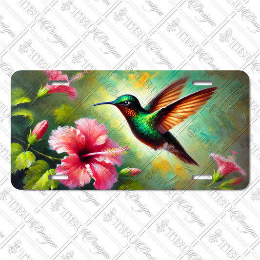 Vibrant Hummingbird and Hibiscus Aluminum License Plate – Artistic Sublimation Print for Cars, Trucks, and Motorcycles