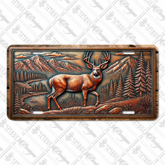 Majestic Deer in Mountain Landscape Aluminum License Plate – High-Quality Sublimation Print with Nature-Inspired Rustic Design