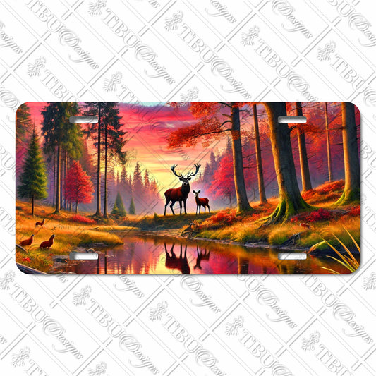 Autumn Forest Sunset Aluminum License Plate with Majestic Deer and Fawn - Vibrant Nature Scene, Perfect for Wildlife Lovers