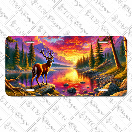 Vibrant Wildlife Aluminum License Plate - Majestic Deer by Tranquil Lake at Sunset with Mountain and Forest Scenery