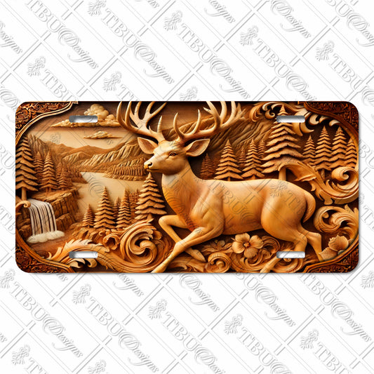 Exquisite Aluminum License Plate with Sublimation Print – Intricate Woodland Deer Design Featuring Majestic Stag and Forest Landscape