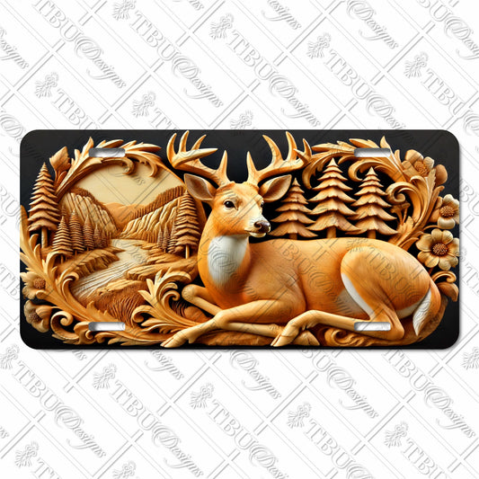 Majestic Deer in Mountain Wilderness Aluminum License Plate – Sublimation Print with Intricate 3D Wood Carving Effect