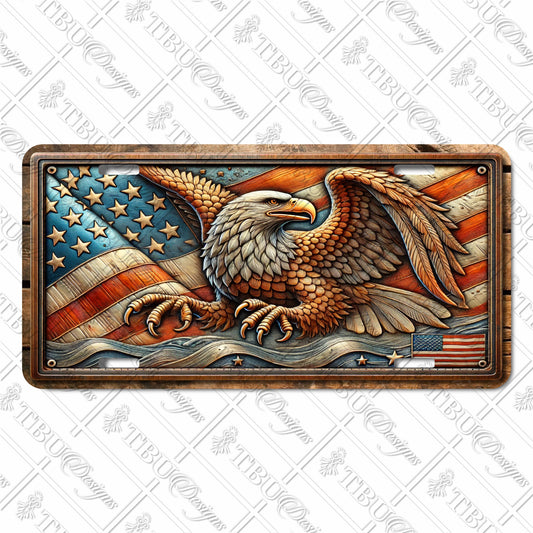 Proud Bald Eagle with American Flag Sublimation Printed Aluminum License Plate - Patriotic and Durable USA-Themed Design