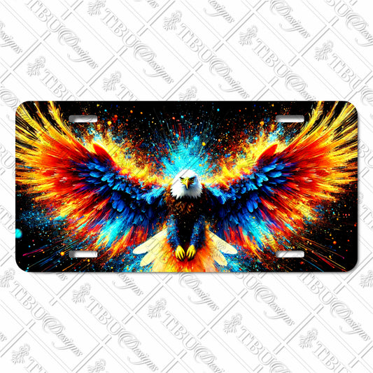 Fiery American Eagle Soaring Aluminum License Plate – Vibrant Explosion of Colors Sublimation Print, Perfect for Patriotic Car Enthusiasts