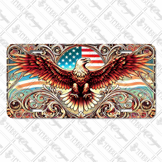 Patriotic Bald Eagle Aluminum License Plate with Art Nouveau Sublimation Print - American Flag and Eagle Design for Vehicles