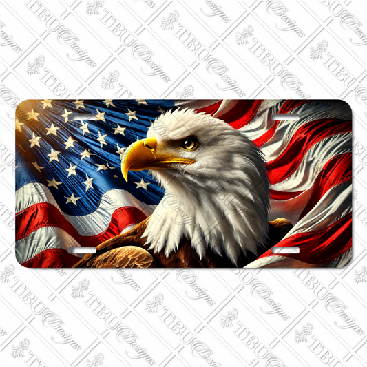 Patriotic Bald Eagle and American Flag Aluminum License Plate – Bold Sublimation Print for Cars, Trucks, and Decorative Use