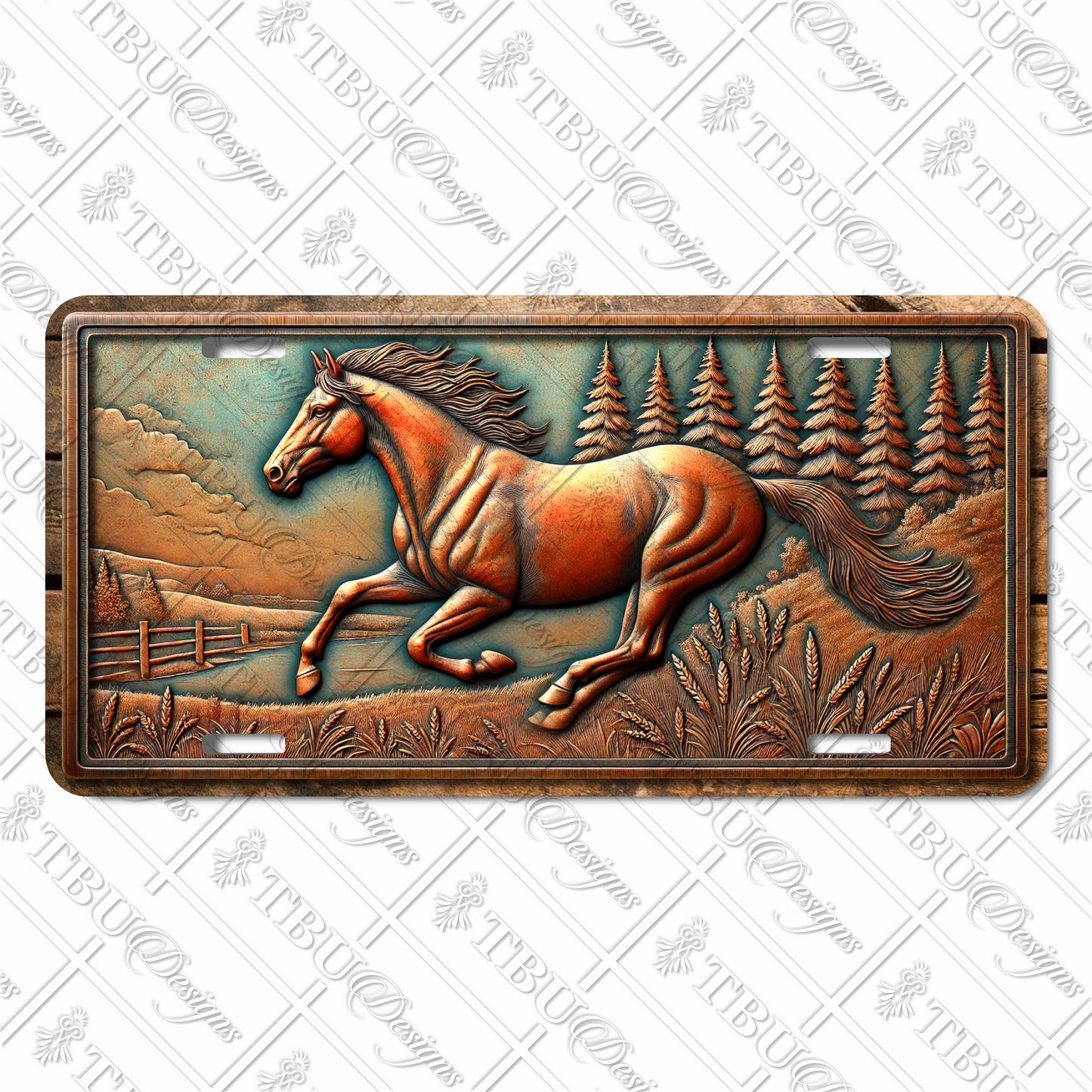 Aluminum License Plate with Sublimated Running Horse Design – Rustic Forest Scene and Dynamic Artwork for Car, Truck, or Wall Display