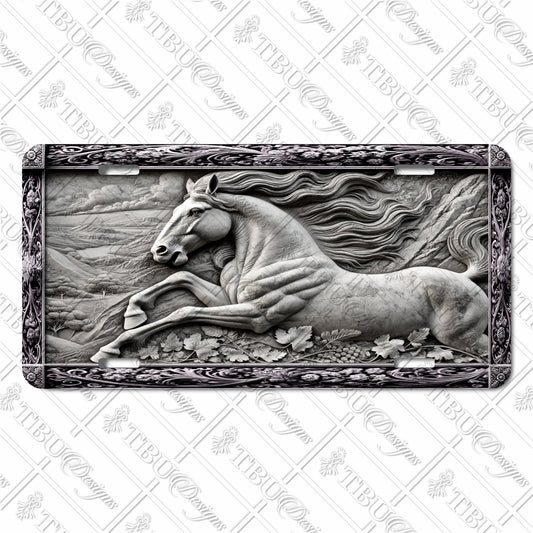 Majestic Galloping Horse Aluminum License Plate – Sublimated Print of a Stone-Relief Design for Cars, Trucks, and RVs