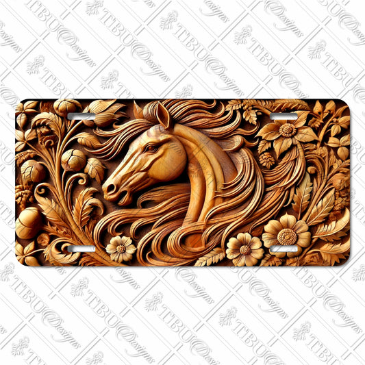 Elegant Horse Floral Scroll Aluminum License Plate – Sublimation Print of Intricate Carved Wood Design for Car, Truck, or Decor