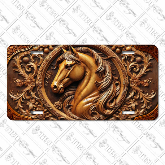 Intricately Designed Horse-Themed Aluminum License Plate with Sublimated Wood-Style Artwork for Car Enthusiasts and Nature Lovers