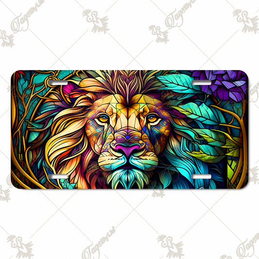 Vibrant Lion Head-Stained Glass Art Aluminum License Plate – Bold, Colorful Sublimation Print for Cars, Trucks, and Wall Display