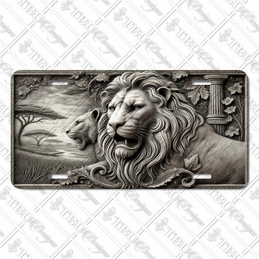 Majestic Lion and Lioness Scene | Aluminum License Plate with High-Definition Sublimation Print | Intricate Nature-Inspired Design