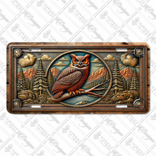 Wise Owl in Mountain Landscape Sublimation Printed Aluminum License Plate - Detailed and Majestic Wildlife Art Design