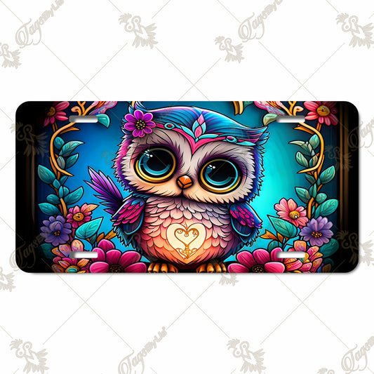 Colorful Owl Aluminum License Plate – Vibrant Sublimated Artwork with Floral Accents, Perfect for Nature and Animal Lovers