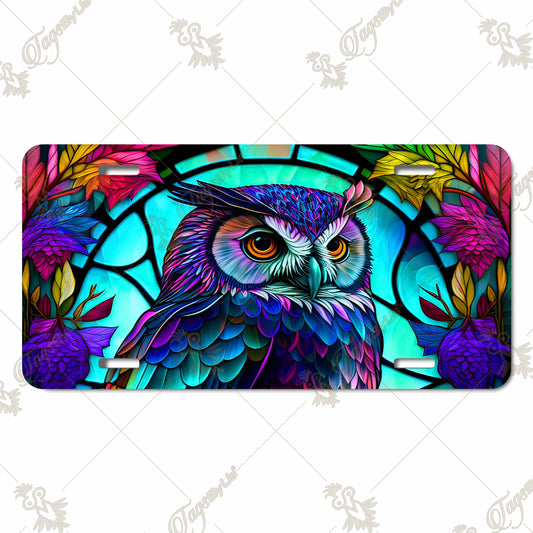 Vivid Noble Owl-Stained Glass Style Aluminum License Plate – Vibrant Sublimation Print for Cars, Trucks, and Decorative Displays