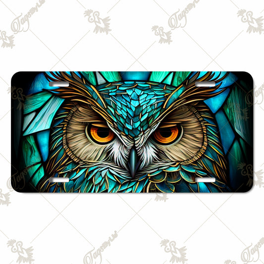 Vibrant Owl Aluminum License Plate – Stained Glass-Style Sublimation Print with Bold Colors and Intricate Feather Design