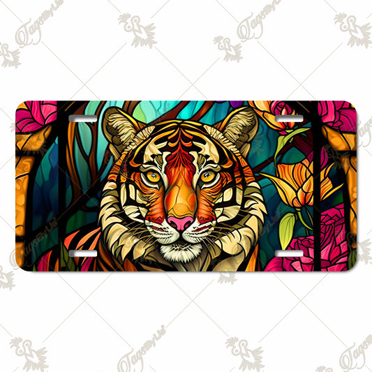 Vivid Tiger Head-Stained Glass Art Aluminum License Plate – Vibrant Floral Design, Durable Sublimation Print, Eye-Catching Car Accessory