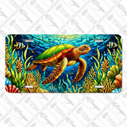 Underwater Sea Turtle Aluminum License Plate - Vibrant Coral Reef and Marine Life Design - Durable, UV-Protected Sublimation Print