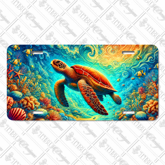 Colorful Sea Turtle Underwater Aluminum License Plate – Detailed Sublimation Print, Ocean Life with Vibrant Coral Reefs and Marine Wildlife