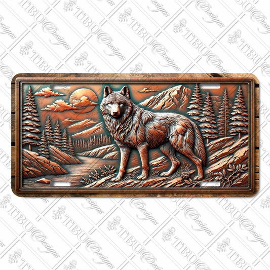 Majestic Wolf Wilderness Aluminum License Plate – Sublimation Print with Detailed Mountain Landscape and Forest Design